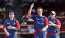 Paul Collingwood and Ian Bell show their amusement at Michael Vaughan picking up a wicket, England v Ireland, Super Eights, Guyana, March 30, 2007