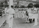Players help the officials adjust the sightscreen, New Zealand v Australia, Wellington, March 29, 1946