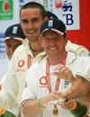Kevin Pietersen of England and Paul Collingwood celebrate victory after day five of the Fourth Test match between England and the West Indies at the Riverside Ground on June 19, 2007 in Chester-le-Street, Durham, England