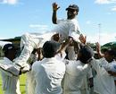 Muttiah Muralitharan is carried by his team-mates after breaking Courtney Walsh's record for the most Test wickets, Zimbabwe v Sri Lanka, 1st Test, Harare, May 8, 2004