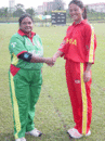 Bangladesh captain Tajkia Akhter and China captain Mei Chin Hua shake hands before their game, Bangladesh women v China women, ACC tournament, Johor, July 15, 2007