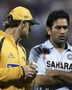 Adam Gilchrist and Mahendra Singh Dhoni walk out to inspect the wet outfield, India v Australia, 1st ODI, Bangalore, September 29, 2007