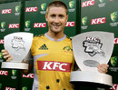 A beaming Michael Clarke picks up the trophies for the winning team and Man of the Match, Australia v India, Twenty20 international, Melbourne, February 1, 2008