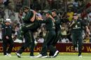 The Australians celebrate a wicket, Australia v India, 7th match, CB Series, Adelaide, February 17, 2008