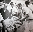 An unconscious Ewen Chatfield is stretchered off the field, New Zealand v England, 1st Test, Auckland, February 24, 1975