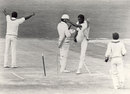 Michael Holding kicks over the stumps in frustration after a decision for caught behind is turned down during the first Test, New Zealand v West Indies, Carisbrook, Dunedin
