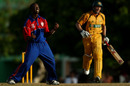 Jumping the gun: Kemar Roach celebrates prematurely before a hit from David Hussey goes beyond the boundary, University of West Indies Vice-Chancellor's XI v Australians, tour game, Barbados, June 21, 2008 
