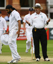 Daryl Harper talks to bowler Monty Panesar, England v South Africa, 1st Test, Lord's, 5th day, July 14, 2008