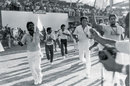 Javed Miandad celebrates after winning the match with a six off the last ball, Pakistan v India, Austral-Asia Cup final, Sharjah, 18 April, 1986 