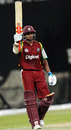 Shivnarine Chanderpaul raises his bat after reaching his century, Pakistan v West Indies, 2nd ODI, Abu Dhabi, November 14, 2008