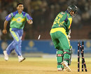 Naved-ul-Hasan looks back after being bowled for a duck, Hyderabad Heroes v Lahore Badshahs, ICL 2nd final, Ahmedabad, November 15, 2008