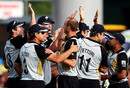 Ewen Thompson is congratulated on his first international wicket, New Zealand v West Indies, 2nd Twenty20, Hamilton, December 28, 2008