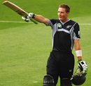 Martin Guptill raises his bat after reaching a century on debut, New Zealand v West Indies, 4th ODI, Auckland, January 10, 2009