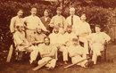 The 1876-77 squad which played the first Test against Australia at Melbourne in March 1877 pictured shortly before they left England.  Back: Harry Jupp, Tom Emmett, Alfred Hogben (a sponsor of the trip), Allan Hill, Tom Armitage. Front: Ted Pooley, James Southerton, James Lillywhite jnr, Alfred Shaw, George Ulyett, Andrew Greenwood. On ground: Harry Charlwood, John Selby.