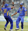 Farveez Maharoof celebrates with Thilan Thushara after pulling off a blinder, Pakistan v Sri Lanka, 3rd ODI, Lahore, January 24, 2009
