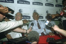 Match referee Barry Jarman explains the decision to the media shortly after the abandonment of the Test, West Indies v England, 1st Test, Jamaica, January 29, 1998