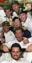 Glenn McGrath pours beer on Jason Gillespie after day four, India v Australia, third Test, Nagpur, 29 October 2004