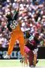 26 Jan 2001: Brett Lee of Australia celebrates trapping West Indies captain Jimmy Adams LBW for four during the Carlton Series One Day International