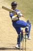 SYDNEY - JANUARY 13: Sanath Jayasuriya of Sri Lanka hits out on his way to a century as James Anderson of England looks on during the One Day International match between Sri Lanka and England at the Sydney Cricket Ground in Sydney, Australia on January 13, 2003.