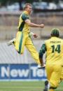 Brett Lee celebrates a wicket, Australia v West Indies, 1st match, VB Series, January 14, 2005