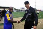 Sri Lankan captain Sanath Jayasuriya and New Zealand captain Stephen Fleming shake hands after Jayasuriya won the toss and elected to bat first. 1st One-Day International: New Zealand v Sri Lanka at McLean Park, Napier, 31 January 2001.