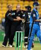 New Zealand bowler Chris Harris (second from left) is congratulated by team-mates after dismissing England batsman Craig White, lbw for 11. From left, Andre Adams, Lou Vincent (obscured) and Chris Nevin. 2nd ODI: New Zealand v England at WestpacTrust Stadium, Wellington, 16 February 2002.