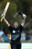 New Zealand Women batsman Rebecca Rolls raises her bat to celebrate her century. Rolls went on to score 114. 3rd WODI: New Zealand Women v Australia Women at Bert Sutcliffe Oval, Lincoln, 6 March 2002.