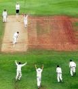 Michael Kasprowicz celebrates his 100th Test victim on a rain-affected day, New Zealand v Australia, 2nd Test, Wellington, 5th day, March 22, 2005