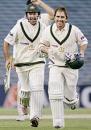 Ricky Ponting and Justin Langer celebrate after hitting the winning runs, New Zealand v Australia, 3rd Test, Auckland, 4th day, March 29, 2005
