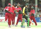 Pakistani batsman Waqar Younis is caught by West Indies wicket keeper Ridley Jacobs 19 April 2000, bowled Chris Gayle at the First Cable & Wireless One Day International Fianl at Kensington Oval, Barbados.