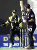 Skipper Craig McMillan bowled as Humayun Farhat watches, ODI 3 at Sharjah, New Zealand v Pakistan, 12 April 2001