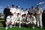 Members of the New Zealand team with the National Bank Series trophy, shared with England after the 3-Test series was drawn 1-1. Back, from left, manager Jeff Crowe, Daniel Vettori, 12th man Ian Butler, Chris Harris, Craig McMillan, coach Denis Aberhart, Daryl Tuffey, substitute fielder Brooke Walker and Chris Drum. Front, from left, Mark Richardson, Lou Vincent, Adam Parore, Andre Adams, Nathan Astle and captain Stephen Fleming. 3rd Test: New Zealand v England at Eden Park, Auckland, 30 March-3 April 2002 (3 April 2002).