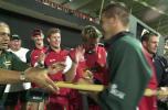 Zimbabwe team members greet their not-out mates Health Streak (R) and Grant Flower (not in the picture) after winning the match against Sri Lanka in the Four Nation Sharjah Cricket Tournament, 07 April 2003.