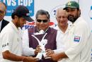 After pulling off a succesful win in the series decider at Bangalore, Pakistan levelled the 3-test series 1-1. The two captains, Inzamam-ul-Haq and Sourav Ganguly, receive the TVS Cup trophy from Karnataka Chief Minister Shri Dharam Singh, India v Pakistan, 3rd Test, Bangalore, 24-28 Mar 2005