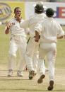 Nicky Boje celebrates the big wicket of Brian Lara, as West Indies stumble against South Africa at Trinidad, April 11, 2005