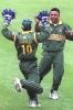 31 May 1999: Shafiuddin Ahmed of Bangladesh celebrates the wicket of Ijaz Ahmed of Pakistan with wicketkeeper Khaled Masud during the match between Pakistan and Bangladesh in Group B of the Cricket World Cup at the County ground, Northampton. Mandatory Credit: Ross Kinnaird/ALLSPORT