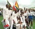 West Indies players celebrate their victory on the fifth day of the third and final Test match against Pakistan at the Antigua . Pakistan in West Indies 1999/00, 3rd Test, West Indies v Pakistan, Antigua Recreation Ground, St John's, Antigua, (25-29 May 2000) Day 5