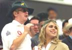 English celebrities Chris Evans and his singer wife Billie Piper wear Pakistan caps and England shirts while watching the exciting game between England and Pakistan, 4th ODI at Lords, 12 June 2001.