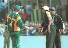 Cullinan shakes hands with Younis Khan as Yousuf Youhana looks on after guiding South Africa past Pakistan's total. Singer Triangular Series, 2000/01, 6th Match, Pakistan v South Africa, Sinhalese Sports Club Ground, Colombo, 12 July 2000.