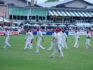 The Canadian team walk off the field after restricting Scotland to 176 for nine in their 50 overs batting first. ICC Trophy 2001: Canada v Scotland at Toronto, Cricket, Skating and Curling Club, 17 July 2001.