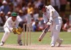 Alec Stewart hits out, first game of the Ashes tour v the ACB Chairman's XI 'keeper Campbell looks on England in Australia, 1998-99 ACB Chairman's XI v England XI Lilac Hill, Western Australia 29 October 1998