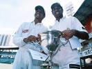 Rest of India captain VVS Laxman and man of the moment Murali Kartik with the Irani Trophy, Irani Trophy, 2000/01, Mumbai v Rest of India, Wankhede Stadium, Mumbai, 13-17 October 2000 (Day 4).