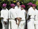 Mervyn Dillon celebrates with teamates after taking the wicket of Sri Lankan batsman Kumar Sangakkara
