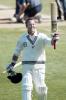 New Zealand batsman Mark Richardson raises his bat to acknowledge the crowd as he leaves the field after New Zealand won the match, beating India by 10 wickets. Richardson scored 14 not out in his second innings and hit the winning runs. 1st Test: New Zealand v India at Basin Reserve, Wellington, 12-16 December 2002 (14 December 2002).