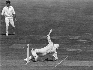 Roy Fredericks treads on his stumps after hooking Dennis Lillee for six in the 1975 World Cup