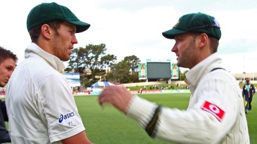 Michael Clarke congratulates Peter Siddle after the win