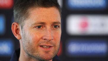 Michael Clarke gives his first press conference after arriving for the Champions Trophy