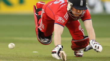 Eoin Morgan appeared to make his ground with a dive but his bat was in the air