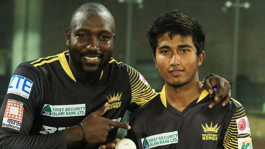 Kesrick Williams points to debutant Afif Hossain who finished with five wickets Kesrick Williams points to debutant Afif Hossain who finished with five wickets