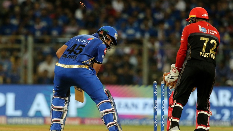 Rohit Sharma looks back after being cleaned up by one that turned sharply into him Rohit Sharma looks back after being cleaned up by one that turned sharply into him